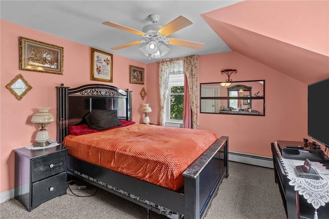 43 Dexter St, Woonsocket, RI 02895 - carpeted bedroom featuring baseboard heating, lofted ceiling, baseboards, and ceiling fan