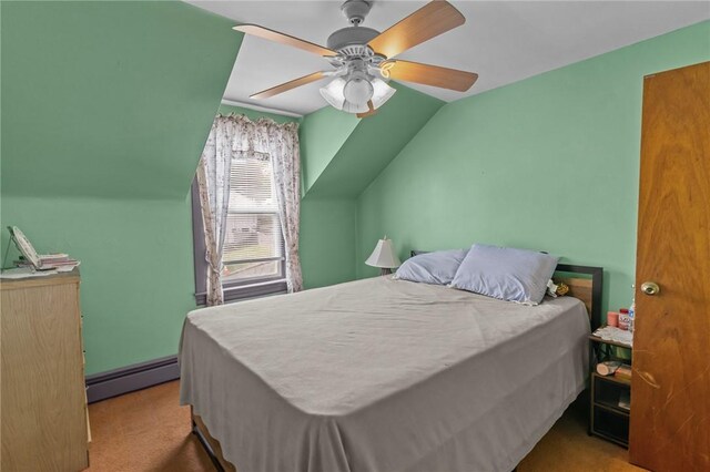 43 Dexter St, Woonsocket, RI 02895 - bedroom with a baseboard radiator, lofted ceiling, carpet flooring, and ceiling fan