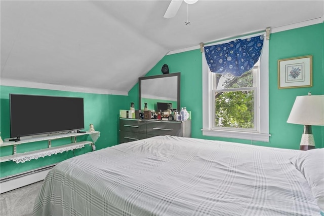 43 Dexter St, Woonsocket, RI 02895 - bedroom with lofted ceiling, ceiling fan, and a baseboard heating unit