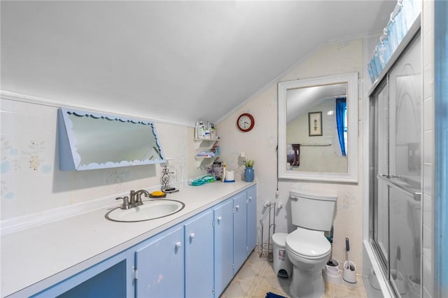 43 Dexter St, Woonsocket, RI 02895 - full bath featuring vaulted ceiling, vanity, toilet, and enclosed tub / shower combo