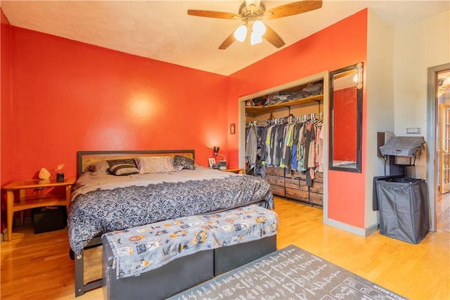 79 George Waterman Rd, Johnston, RI 02919 - bedroom with wood finished floors, a closet, vaulted ceiling, ceiling fan, and baseboards