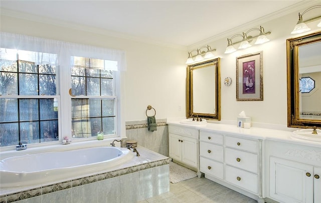 45 Burns Way E, Greenwich, RI 02818 - full bath featuring double vanity, a bath, healthy amount of natural light, and crown molding