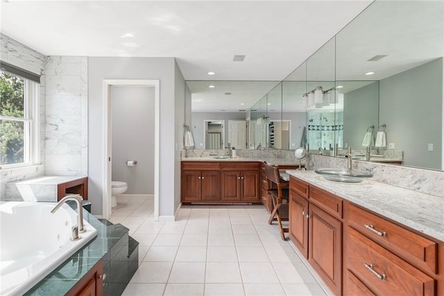 95 Pheasant Dr, East Greenwich, RI 02818 - bathroom featuring vanity, toilet, a tub with jets, and tile patterned floors