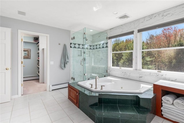 95 Pheasant Dr, East Greenwich, RI 02818 - bathroom featuring a baseboard heating unit, a whirlpool tub, a shower stall, and tile patterned floors