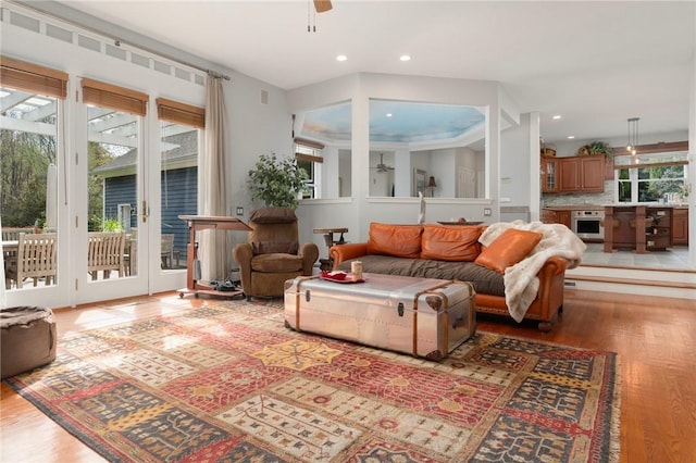95 Pheasant Dr, East Greenwich, RI 02818 - living room featuring ceiling fan, light wood finished floors, and recessed lighting