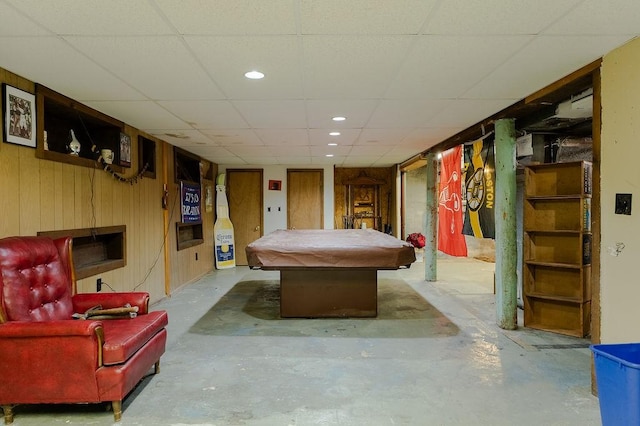 254 Jenckes St, Woonsocket, RI 02895 - rec room featuring a paneled ceiling, unfinished concrete flooring, billiards, and wood walls