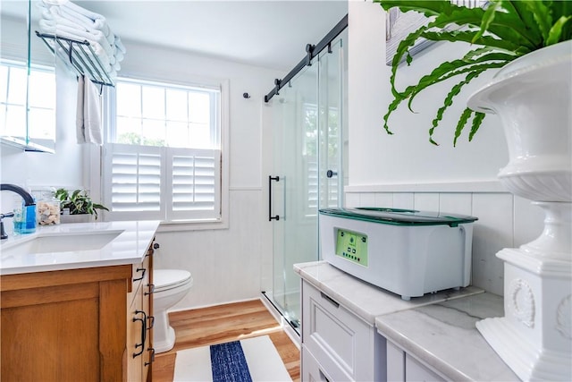 170 Pilgrim Pkwy, Warwick, RI 02888 - bathroom with toilet, a shower stall, vanity, wood finished floors, and plenty of natural light