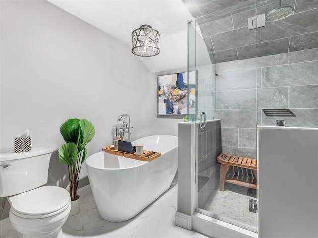 511 Central Pike, Scituate, RI 02857 - full bathroom featuring a stall shower, a freestanding bath, marble finish floors, and toilet