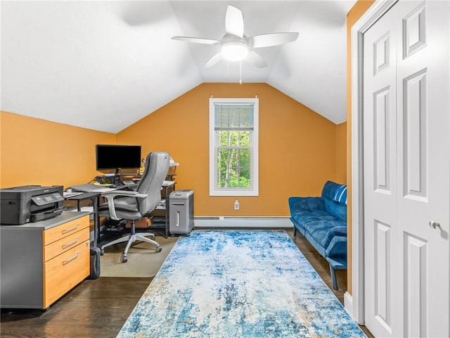 511 Central Pike, Scituate, RI 02857 - office area with a baseboard radiator, a ceiling fan, vaulted ceiling, and dark wood-type flooring