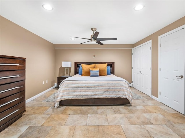 511 Central Pike, Scituate, RI 02857 - bedroom with baseboards, light stone finish flooring, recessed lighting, and ceiling fan