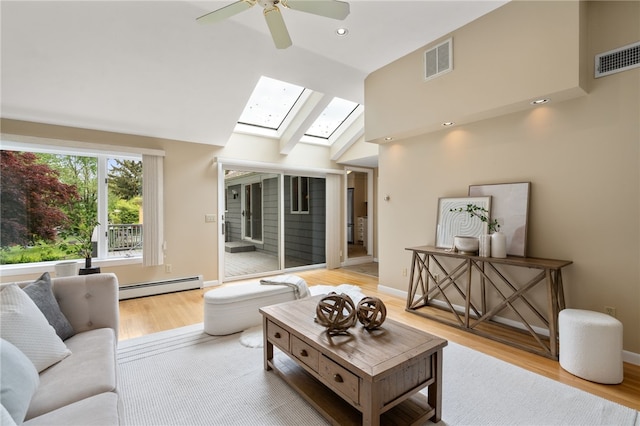 45 Landon Rd, Warwick, RI 02888 - living area featuring a baseboard heating unit, a skylight, light wood-style floors, ceiling fan, and baseboards