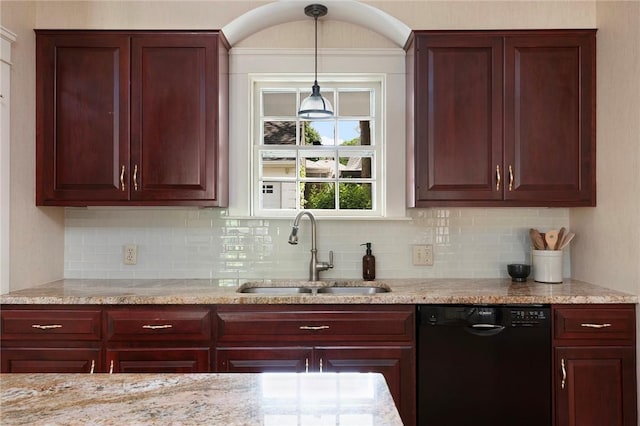 47 Lyndhurst Ave, Providence, RI 02908 - kitchen with black dishwasher, a sink, decorative backsplash, dark brown cabinets, and pendant lighting