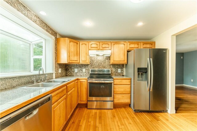 235 Spring St, Hopkinton, RI 02832 - kitchen with appliances with stainless steel finishes, under cabinet range hood, a sink, light wood finished floors, and recessed lighting