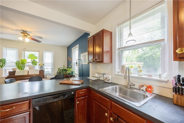 16 Malvern Ave, Cranston, RI 02905 - kitchen featuring black dishwasher, a sink, dark countertops, a peninsula, and a ceiling fan