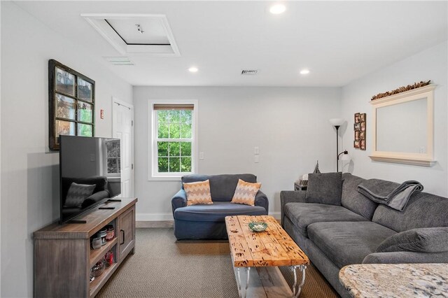 882 Point Judith Rd, Narragansett, RI 02882 - carpeted living area with attic access and recessed lighting