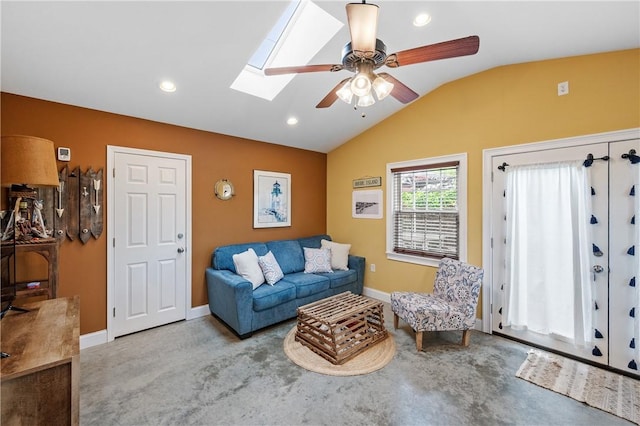 882 Point Judith Rd, Narragansett, RI 02882 - living room featuring lofted ceiling, carpet floors, ceiling fan, recessed lighting, and a skylight