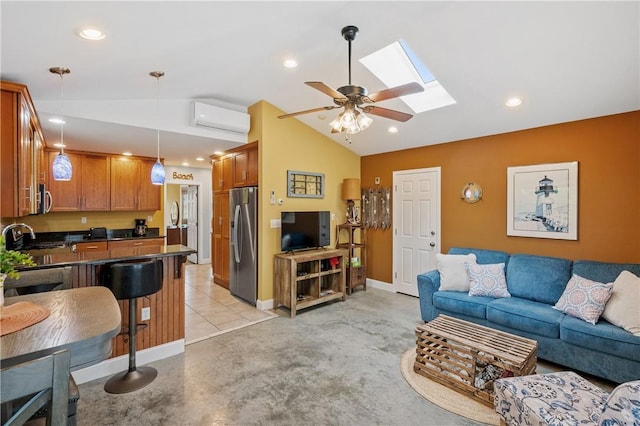 882 Point Judith Rd, Narragansett, RI 02882 - living area featuring a wall mounted AC, lofted ceiling, a skylight, ceiling fan, and recessed lighting