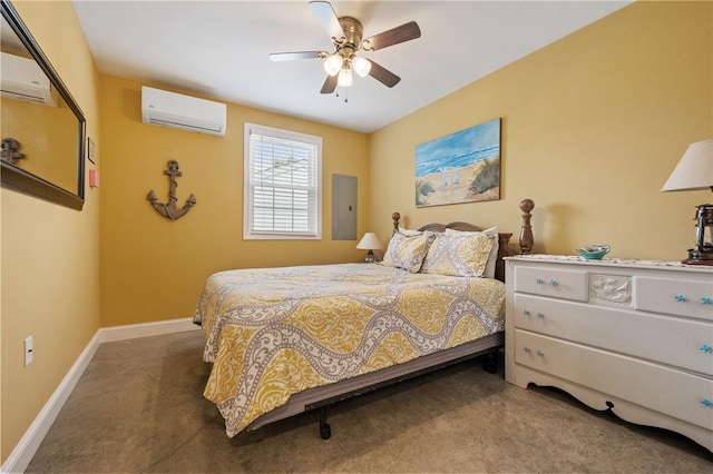 882 Point Judith Rd, Narragansett, RI 02882 - bedroom with a wall mounted air conditioner, electric panel, a ceiling fan, and concrete flooring