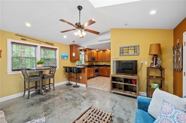 882 Point Judith Rd, Narragansett, RI 02882 - living area with vaulted ceiling, a wall unit AC, ceiling fan, recessed lighting, and a skylight