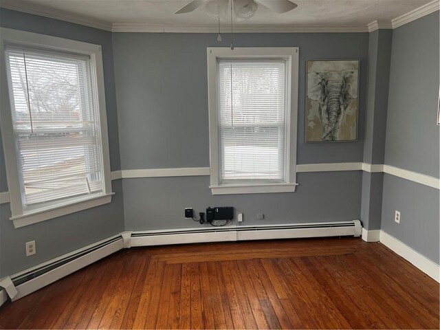 1097 Pontiac Ave, Cranston, RI 02910 - unfurnished room featuring plenty of natural light, ceiling fan, a baseboard radiator, ornamental molding, and hardwood / wood-style flooring
