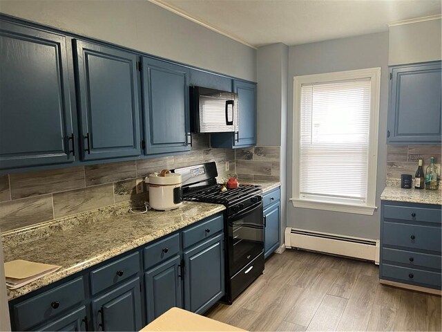 1097 Pontiac Ave, Cranston, RI 02910 - kitchen featuring black range with gas cooktop, a baseboard heating unit, backsplash, light wood finished floors, and crown molding
