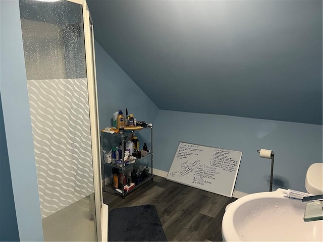 1097 Pontiac Ave, Cranston, RI 02910 - full bathroom with a shower stall, a sink, lofted ceiling, and wood finished floors