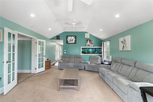 62 Andrews Ave, West Warwick, RI 02893 - carpeted living area with french doors, ceiling fan, lofted ceiling, baseboards, and recessed lighting