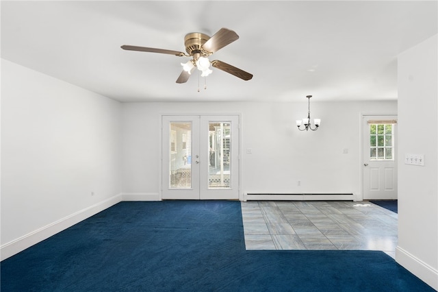 62 Andrews Ave, West Warwick, RI 02893 - spare room with a baseboard radiator, a chandelier, french doors, baseboards, and ceiling fan