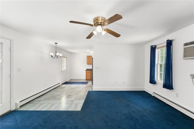 62 Andrews Ave, West Warwick, RI 02893 - unfurnished living room with baseboard heating, a baseboard radiator, a chandelier, ceiling fan, and baseboards