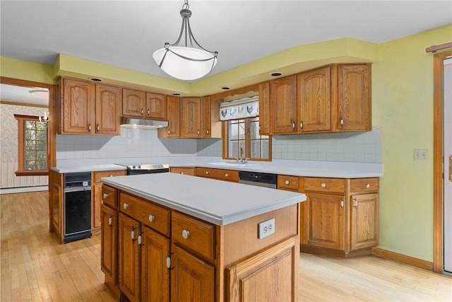 6 Lake Dr, North Providence, RI 02904 - kitchen with under cabinet range hood, light wood-style floors, a sink, and light countertops