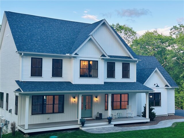 757 Cooper Rd, Glocester, RI 02814 - modern farmhouse featuring a shingled roof, a porch, and board and batten siding