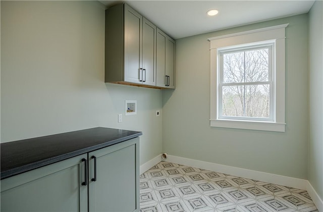 757 Cooper Rd, Glocester, RI 02814 - washroom with hookup for an electric dryer, cabinet space, baseboards, washer hookup, and recessed lighting