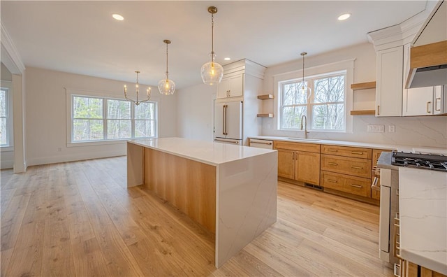 757 Cooper Rd, Glocester, RI 02814 - kitchen featuring open shelves, white appliances, a sink, a chandelier, and light wood-style floors