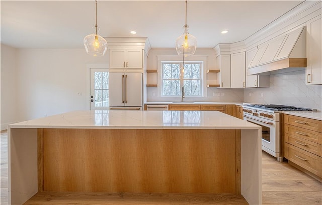 757 Cooper Rd, Glocester, RI 02814 - kitchen with high quality appliances, open shelves, a sink, custom range hood, and a large island