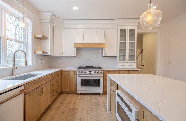 757 Cooper Rd, Glocester, RI 02814 - kitchen with white appliances, a sink, open shelves, light wood finished floors, and custom exhaust hood