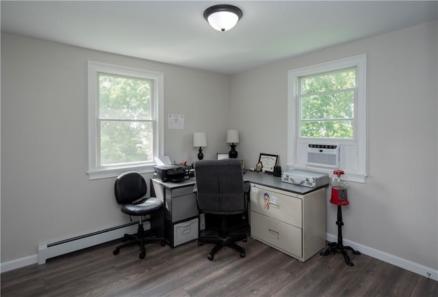 126 Hilton St, Tiverton, RI 02878 - office space with baseboard heating, dark wood-style flooring, baseboards, and cooling unit