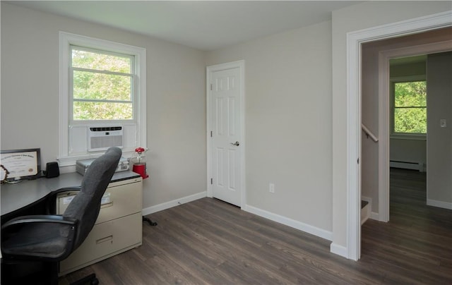 126 Hilton St, Tiverton, RI 02878 - office area featuring dark wood-type flooring, baseboard heating, baseboards, and plenty of natural light
