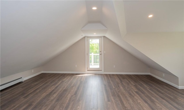 126 Hilton St, Tiverton, RI 02878 - bonus room with vaulted ceiling, dark wood finished floors, recessed lighting, a baseboard heating unit, and baseboards