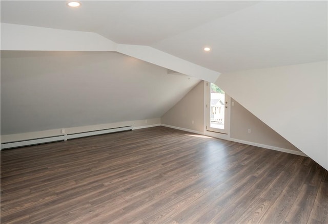 126 Hilton St, Tiverton, RI 02878 - bonus room with vaulted ceiling, dark wood finished floors, recessed lighting, baseboards, and a baseboard radiator