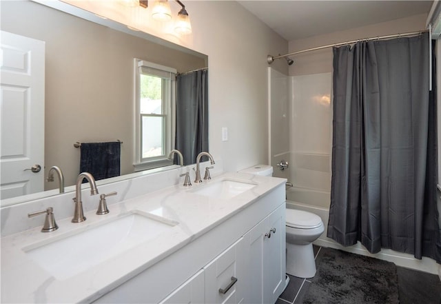 126 Hilton St, Tiverton, RI 02878 - full bath featuring toilet, double vanity, shower / bathtub combination with curtain, and tile patterned floors