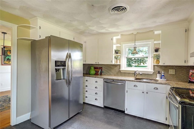 23 Robert Cir, Cranston, RI 02905 - kitchen featuring open shelves, appliances with stainless steel finishes, a sink, backsplash, and white cabinets