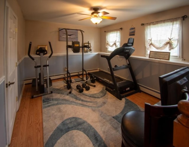 80 Capwell Ave, Woonsocket, RI 02895 - workout area with wood finished floors, a ceiling fan, and baseboard heating
