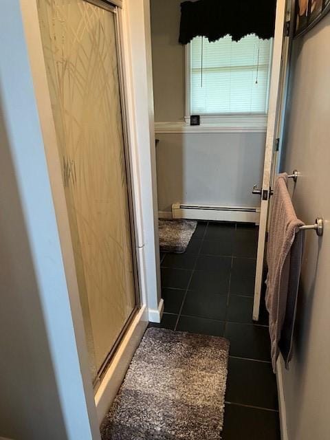 80 Capwell Ave, Woonsocket, RI 02895 - full bathroom featuring baseboard heating, a shower stall, tile patterned floors, and baseboards