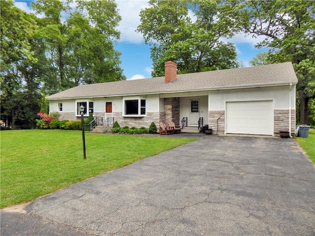 2 Laurel Hill Dr, Westerly, RI 02891 - ranch-style home with stone siding, a chimney, a garage, a front lawn, and asphalt driveway