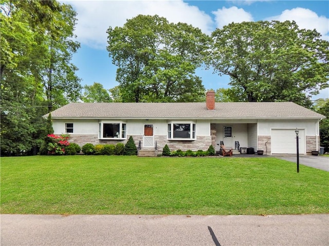 2 Laurel Hill Dr, Westerly, RI 02891 - single story home featuring stone siding, an attached garage, a chimney, asphalt driveway, and a front lawn
