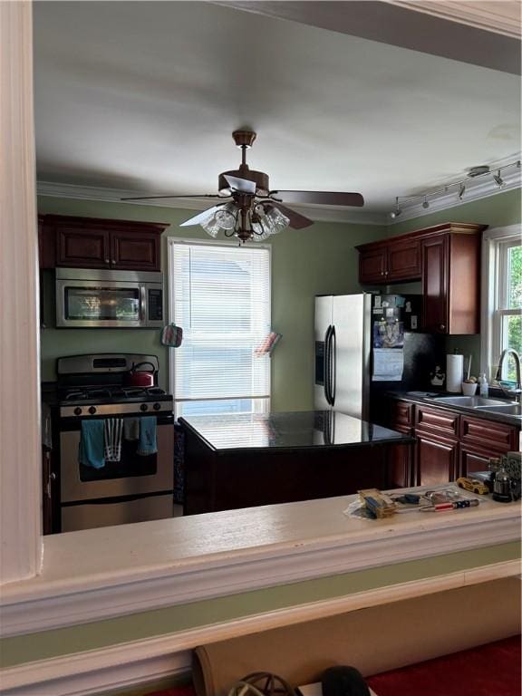 15 Villa Ave, Cranston, RI 02905 - kitchen with stainless steel appliances, a sink, ceiling fan, ornamental molding, and dark countertops