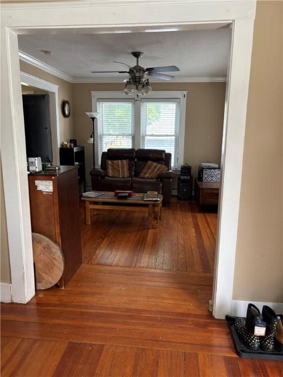 15 Villa Ave, Cranston, RI 02905 - living room with ornamental molding, a ceiling fan, and hardwood / wood-style flooring