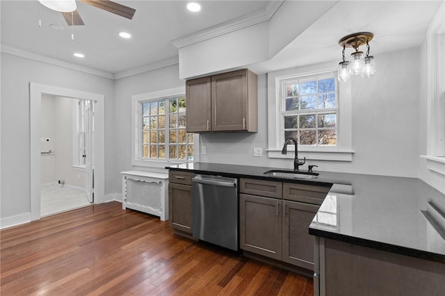 81 Old N Rd, South Kingstown, RI 02881 - kitchen featuring dishwasher, a sink, dark countertops, plenty of natural light, and ornamental molding