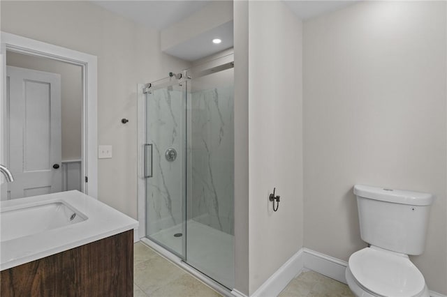 81 Old N Rd, South Kingstown, RI 02881 - bathroom featuring a marble finish shower, toilet, vanity, baseboards, and tile patterned floors