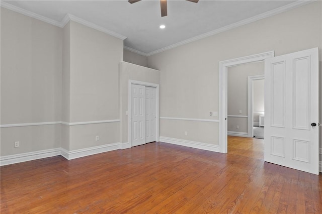 81 Old N Rd, South Kingstown, RI 02881 - empty room with a ceiling fan, hardwood / wood-style flooring, ornamental molding, baseboards, and recessed lighting